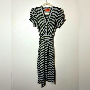 Voom by Joy Han Green Gray Striped Dress w/ Wooden Owl Pin Boho Chic Size Medium